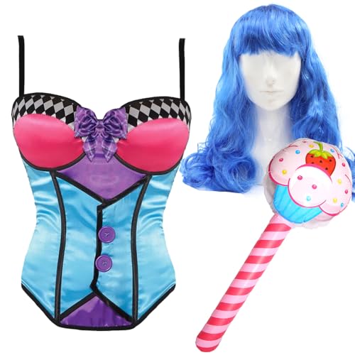 Pop-Star-Kostüm für Damen, Größe M/L, Korsett, lange blaue Perücke und rosa aufblasbarer Cupcake-Stick – Erwachsene und Damen, California Lady Musik-Ikone, Konzert-Tour-Kostüm von I LOVE FANCY DRESS