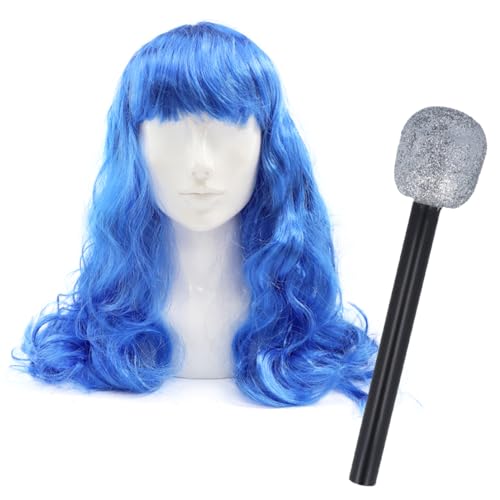 Pop-Star-Zubehör-Set für Damen, lange blaue Perücke und Kunststoff-Mikrofon-Requisite, für Erwachsene, Damen, California Lady, Musik-Ikone, Konzert, Tour, Kostümzubehör-Set von I LOVE FANCY DRESS