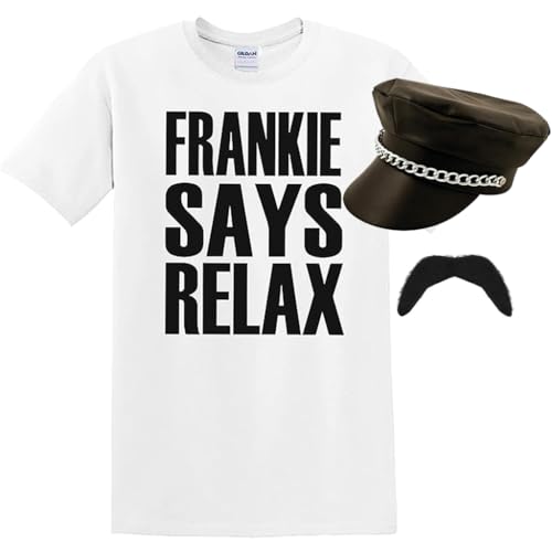 Popstar-Kostüm für Erwachsene, 80er-Jahre-Kostüm, Größe XL, weißes Slogan-T-Shirt, schwarze Bikermütze in Lederoptik und schwarzer Schnurrbart, für Herren der 80er-Jahre-Musik-Ikone Best of British Popstar-Kostüm für Erwachsene, 80er-Jahre-Kostüm, Größe XL, weißes Slogan-T-Shirt, schwarze Bikermütze in Lederoptik und schwarzer Schnurrbart, für Herren der 80er-Jahre-Musik-Ikone Best of British von I LOVE FANCY DRESS