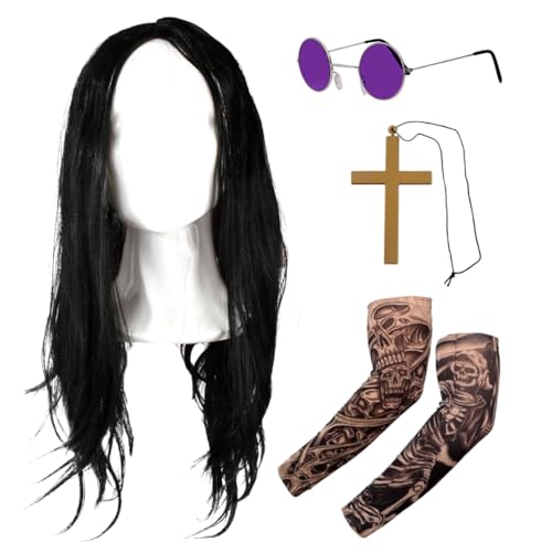 Prince Of Darkness Zubehör Set für Erwachsene - Enthält schwarze lange Perücke, lila Hippie-Brille, Kreuz-Halskette und Tattoo-Ärmel für Kostümpartys Prince Of Darkness Zubehör Set für Erwachsene - Enthält schwarze lange Perücke, lila Hippie-Brille, Kreuz-Halskette und Tattoo-Ärmel für Kostümpartys von I LOVE FANCY DRESS