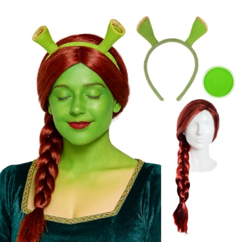 Prinzessin Oger Zubehör Set - Prinzessin Kostüm für Kinder mit roter Zopfperücke, grüner Gesichtsfarbe und Oger-Stirnband - perfekt für Halloween, Fasching und Mottopartys Prinzessin Oger Zubehör Set - Prinzessin Kostüm für Kinder mit roter Zopfperücke, grüner Gesichtsfarbe und Oger-Stirnband - perfekt für Halloween, Fasching und Mottopartys von I LOVE FANCY DRESS