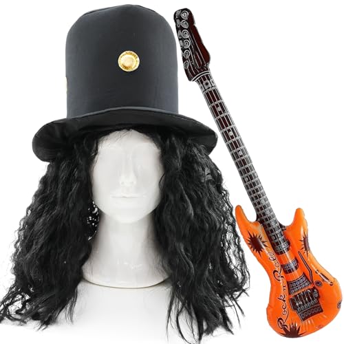 ROCK LEGEND Verkleidung Set - Zylinder mit angenähtem Haar, entspannte Afro-Perücke & aufblasbare Gitarre - 80er Jahre Rockstar Kostüm für Partys, Junggesellenabschiede & Festivals von I LOVE FANCY DRESS
