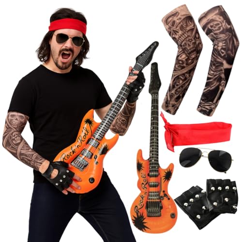 ROCK STAR Heavy Metal Kostüm Zubehör Set für Erwachsene - Verkleidung Kit mit Retro Sonnenbrille, Handschuhen & Aufblasbare Gitarre für 80er Jahre Rock Party, Cosplay & Halloween von I LOVE FANCY DRESS