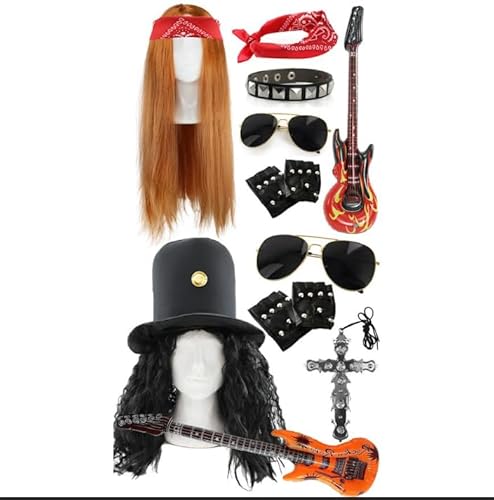 ROCKSTAR DUO KOSTÜM SET - 80er Jahre Perücke, Hut mit Haaren, rotes Paisley Bandana, Flieger-Sonnenbrille, Kreuzkette, aufblasbare Gitarre, Biker-Handschuhe & Armband - Gitarren-Legende Verkleidung ROCKSTAR DUO KOSTÜM SET - 80er Jahre Perücke, Hut mit Haaren, rotes Paisley Bandana, Flieger-Sonnenbrille, Kreuzkette, aufblasbare Gitarre, Biker-Handschuhe & Armband - Gitarren-Legende Verkleidung von I LOVE FANCY DRESS