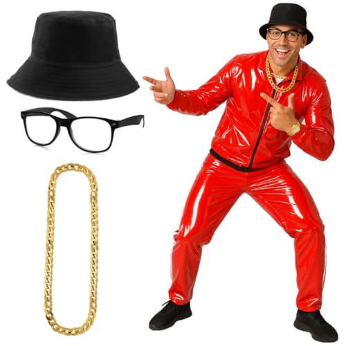 Rapper-Kostüm für Erwachsene, 80er-Jahre, groß, glänzender roter Schalenanzug, schwarzer Eimerhut, schwarze Brille und goldfarbene Kette, für Herren und Damen, 1980er-Jahre, Hip-Hop-Musik-Kostüm Rapper-Kostüm für Erwachsene, 80er-Jahre, groß, glänzender roter Schalenanzug, schwarzer Eimerhut, schwarze Brille und goldfarbene Kette, für Herren und Damen, 1980er-Jahre, Hip-Hop-Musik-Kostüm von I LOVE FANCY DRESS