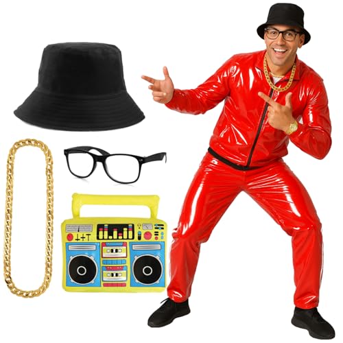 Rapper-Kostüm für Erwachsene, 80er-Jahre-Kostüm, Größe XL, glänzender roter Schalenanzug, schwarzer Eimerhut, schwarze Brille, goldene Kette und aufblasbare Boombox, Hip-Hop-Musik-Kostüm für Herren Rapper-Kostüm für Erwachsene, 80er-Jahre-Kostüm, Größe XL, glänzender roter Schalenanzug, schwarzer Eimerhut, schwarze Brille, goldene Kette und aufblasbare Boombox, Hip-Hop-Musik-Kostüm für Herren von I LOVE FANCY DRESS