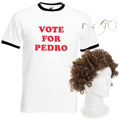 Retro Loner Kostüm – klein – weißes T-Shirt "Vote for Pedro", braune lockige Perücke, goldfarbene Brille – Erwachsenenkostüm mit lustigem Filmzitat Retro Loner Kostüm – klein – weißes T-Shirt "Vote for Pedro", braune lockige Perücke, goldfarbene Brille – Erwachsenenkostüm mit lustigem Filmzitat von I LOVE FANCY DRESS