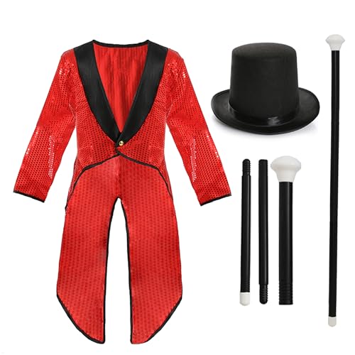 Ringmaster-Kostüm für Erwachsene, Größe XL, schwarzer Zylinder, roter Paillettenmantel und ein 3-teiliger Tanzstock – perfekt für Themen-Kostüme Ringmaster-Kostüm für Erwachsene, Größe XL, schwarzer Zylinder, roter Paillettenmantel und ein 3-teiliger Tanzstock – perfekt für Themen-Kostüme von I LOVE FANCY DRESS