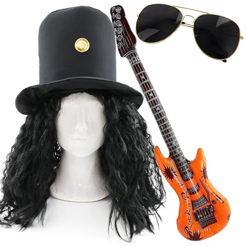 Rock Star Faschingsset - Hut mit angenähten Haaren, entspannte Afro-Perücke, Sonnenbrille & aufblasbare Gitarre - 80er Jahre Kostüm für Junggesellenabschiede, Partys & Festivals Rock Star Faschingsset - Hut mit angenähten Haaren, entspannte Afro-Perücke, Sonnenbrille & aufblasbare Gitarre - 80er Jahre Kostüm für Junggesellenabschiede, Partys & Festivals von I LOVE FANCY DRESS