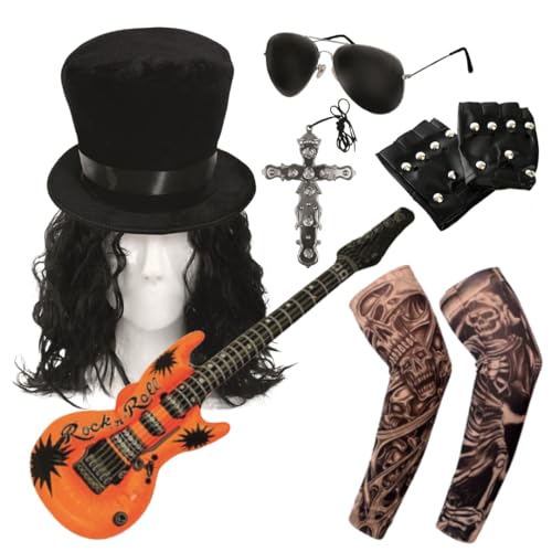 Rock Star Kostüm Zubehör Set für Erwachsene - Schwarzer Zylinderhut, lockige Perücke, Sonnenbrille, Kreuzkette, Tattoo-Ärmel, Handschuhe & Aufblasbare Gitarre für Fasching, Cosplay & Halloween von I LOVE FANCY DRESS