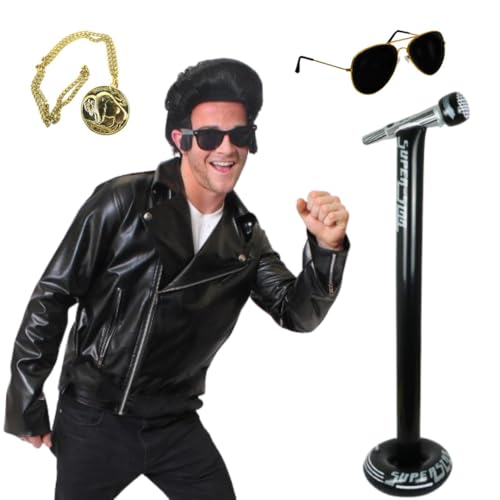 Rock 'n' Roll Icon Kostüm für Herren, klein, Elvis-inspiriertes Kostüm Outfit mit Perücke, Jacke, Schatten, Kette und aufblasbarem Mikrofonständer Rock 'n' Roll Icon Kostüm für Herren, klein, Elvis-inspiriertes Kostüm Outfit mit Perücke, Jacke, Schatten, Kette und aufblasbarem Mikrofonständer von I LOVE FANCY DRESS