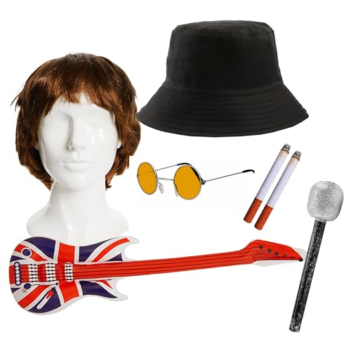 Rockband-Zubehör-Set für Erwachsene, braune Perücke, schwarzer Eimerhut, runde blaue Brille, aufblasbare Gitarre, Mikrofon, gefälschte Zigaretten, Erwachsene, 7-teiliges Musik-Kostüm-Zubehör-Set Rockband-Zubehör-Set für Erwachsene, braune Perücke, schwarzer Eimerhut, runde blaue Brille, aufblasbare Gitarre, Mikrofon, gefälschte Zigaretten, Erwachsene, 7-teiliges Musik-Kostüm-Zubehör-Set von I LOVE FANCY DRESS