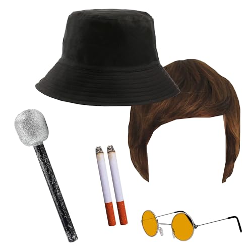 Rockband-Zubehör-Set für Erwachsene, schwarzer Eimerhut, braune Perücke, runde orangefarbene Brille, Mikrofon, 2 gefälschte Zigaretten, 5-teiliges Musik-Set für Erwachsene, 5-teiliges Rockband-Zubehör-Set für Erwachsene, schwarzer Eimerhut, braune Perücke, runde orangefarbene Brille, Mikrofon, 2 gefälschte Zigaretten, 5-teiliges Musik-Set für Erwachsene, 5-teiliges von I LOVE FANCY DRESS