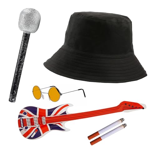 Rockband-Zubehör-Set für Erwachsene, schwarzer Eimerhut, runde blaue Brille, aufblasbare Union Jack-Gitarre, Mikrofon, gefälschte Zigaretten, Erwachsene, 6-teiliges Musik-Kostüm-Zubehör-Set von I LOVE FANCY DRESS