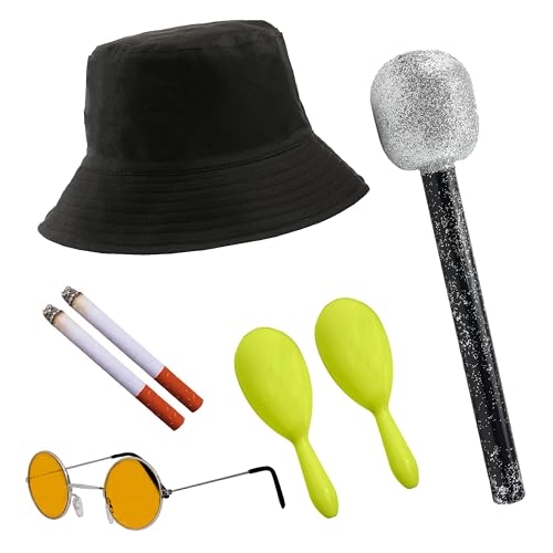 Rockband-Zubehör-Set für Erwachsene, wendbar, England Eimerhut, runde orangefarbene Brille, gelbe Maracas, Mikrofon, gefälschte Zigaretten, 6-teiliges Musik-Kostüm-Zubehör-Set für Erwachsene Rockband-Zubehör-Set für Erwachsene, wendbar, England Eimerhut, runde orangefarbene Brille, gelbe Maracas, Mikrofon, gefälschte Zigaretten, 6-teiliges Musik-Kostüm-Zubehör-Set für Erwachsene von I LOVE FANCY DRESS