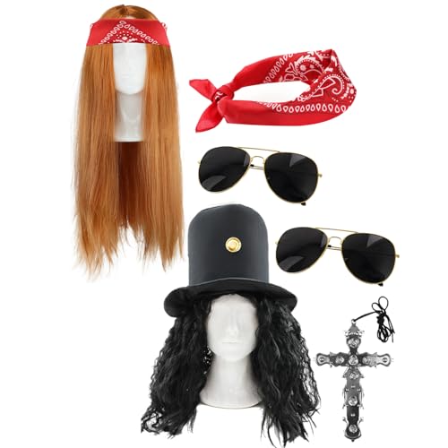 Rockstar Duo Kostüm Set - 80er Jahre Perücke, Hut mit Haaren, rotes Paisley Bandana, Fliegerbrille, Kreuz Halskette & Zubehör - Gitarre Legende Verkleidung Outfit Rockstar Duo Kostüm Set - 80er Jahre Perücke, Hut mit Haaren, rotes Paisley Bandana, Fliegerbrille, Kreuz Halskette & Zubehör - Gitarre Legende Verkleidung Outfit von I LOVE FANCY DRESS