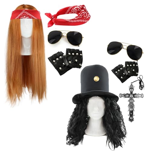 Rockstar Duo Kostüm Set - 80er Jahre Verkleidung Set mit Perücke, Hut mit Haaren, rotem Paisley Bandana, Brille, Handschuhe & Kreuz Halskette - Gitarre Legende Outfit Rockstar Duo Kostüm Set - 80er Jahre Verkleidung Set mit Perücke, Hut mit Haaren, rotem Paisley Bandana, Brille, Handschuhe & Kreuz Halskette - Gitarre Legende Outfit von I LOVE FANCY DRESS