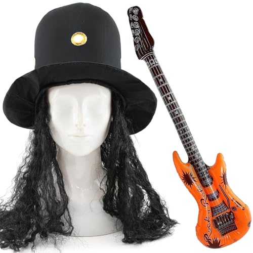 Rockstar Kostüm Set - Schwarzer Zylinder mit angenähtem lockigem Haar & Aufblasbare Gitarre - Lustige Verkleidung für 80er Rockpartys, Gigs, Junggesellenabschiede & Festivals von I LOVE FANCY DRESS