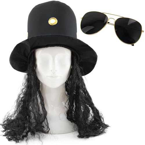 Rockstar Kostüm Set - Schwarzer Zylinder mit angenähtem lockigem Haar & Sonnenbrille - Lustige Verkleidung für 80er Rockpartys, Junggesellenabschiede, Gigs & Festivals von I LOVE FANCY DRESS
