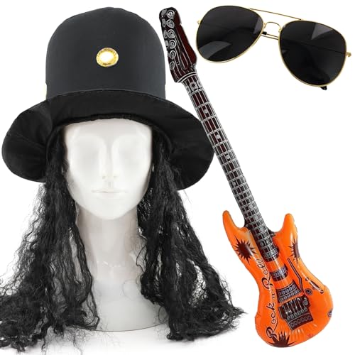 Rockstar Kostüm Set - Schwarzer Zylinder mit angenähten Haaren, Sonnenbrille & Aufblasbare Gitarre - Lustige Verkleidung für 80er Rockpartys, Junggesellenabschiede & Festivals von I LOVE FANCY DRESS