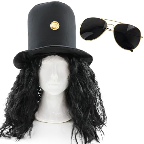 Rockstar Kostüm Set - Schwarzer Zylinder mit angenähten Haaren, entspannte Perücke & Sonnenbrille - Lustige Verkleidung für 80er Rockpartys, Junggesellenabschiede & Musikfestivals Rockstar Kostüm Set - Schwarzer Zylinder mit angenähten Haaren, entspannte Perücke & Sonnenbrille - Lustige Verkleidung für 80er Rockpartys, Junggesellenabschiede & Musikfestivals von I LOVE FANCY DRESS