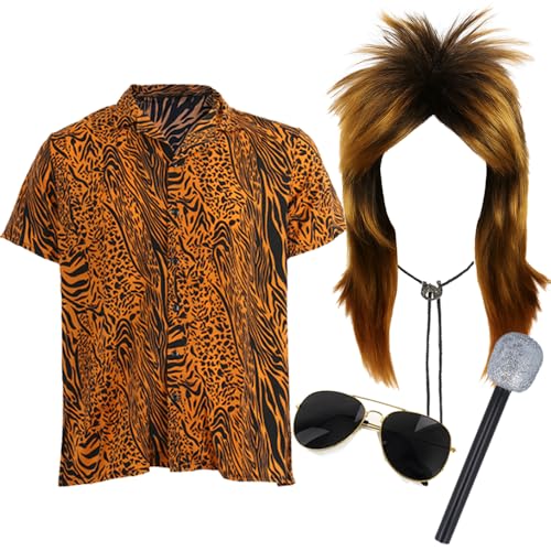 Rockstar-Kostüm für Erwachsene, 70er-Jahre, großes Tiger-Druck, Blond-Mähera-Perücke, schwarze Sonnenbrille, Western-Fliege, Glitzer-Mikrofon, Herren-Kostüm der 1970er Jahre, Musik-Kostüm Rockstar-Kostüm für Erwachsene, 70er-Jahre, großes Tiger-Druck, Blond-Mähera-Perücke, schwarze Sonnenbrille, Western-Fliege, Glitzer-Mikrofon, Herren-Kostüm der 1970er Jahre, Musik-Kostüm von I LOVE FANCY DRESS