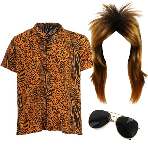 Rockstar-Kostüm für Erwachsene, 70er-Jahre-Kostüm, Tiger-Druck, Blond, Vokuhila-Perücke, schwarze Sonnenbrille – Herren-Musik-Ikonen-Festival, Best of British Party-Kostüm von I LOVE FANCY DRESS