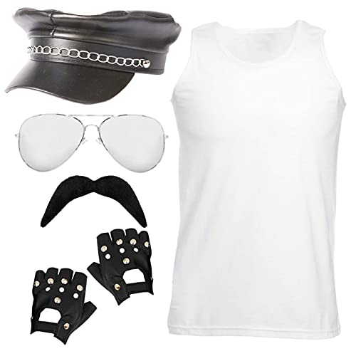 Rockstar-Kostüm für Erwachsene, 80er-Jahre, weißes Weste, Top, verspiegelte Sonnenbrille, schwarze fingerlose Handschuhe, schwarze Schnurrbart, 1980er-Jahre, Stolzer Musiker, Kostüm (2X-Gross) von I LOVE FANCY DRESS