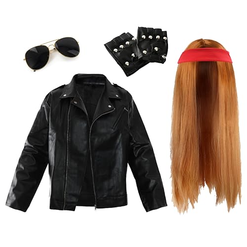 Rockstar-Kostüm für Erwachsene, Größe XL, lange Ingwer-Perücke, einfarbiges rotes Bandana, Sonnenbrille, schwarze Nietenhandschuhe, schwarze Lederoptik, Rockband-Kostüm für Herren im 80er-Jahre-Stil Rockstar-Kostüm für Erwachsene, Größe XL, lange Ingwer-Perücke, einfarbiges rotes Bandana, Sonnenbrille, schwarze Nietenhandschuhe, schwarze Lederoptik, Rockband-Kostüm für Herren im 80er-Jahre-Stil von I LOVE FANCY DRESS