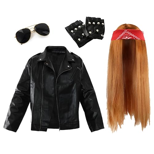 Rockstar-Kostüm für Erwachsene – Größe S – lange Ingwer-Perücke, Paisleymuster, rotes Bandana, Sonnenbrille, schwarze Nietenhandschuhe, schwarze Lederoptik, Rockband-Kostüm für Herren im Rockstar-Kostüm für Erwachsene – Größe S – lange Ingwer-Perücke, Paisleymuster, rotes Bandana, Sonnenbrille, schwarze Nietenhandschuhe, schwarze Lederoptik, Rockband-Kostüm für Herren im von I LOVE FANCY DRESS