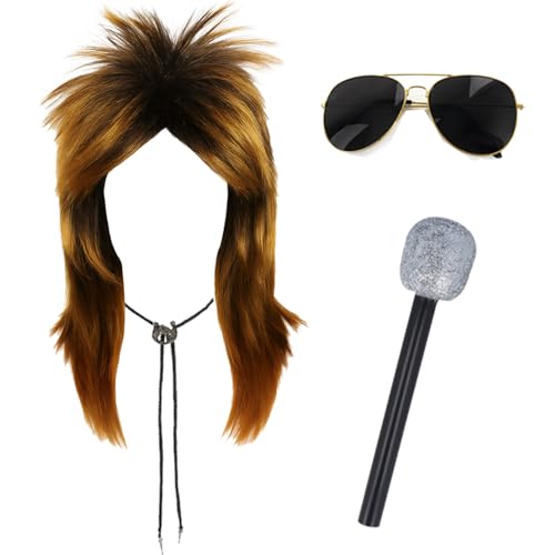 Rockstar-Zubehör-Set für Erwachsene, 70er-Jahre, blonde Vokuhila-Perücke, schwarze Sonnenbrille, Western-Fliege, Glitzer-Mikrofon, für Herren, 1970er-Jahre-Musik-Ikonen-Festival, Best of British Party Rockstar-Zubehör-Set für Erwachsene, 70er-Jahre, blonde Vokuhila-Perücke, schwarze Sonnenbrille, Western-Fliege, Glitzer-Mikrofon, für Herren, 1970er-Jahre-Musik-Ikonen-Festival, Best of British Party von I LOVE FANCY DRESS