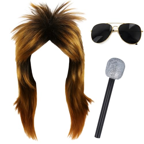 Rockstar-Zubehör-Set für Erwachsene, 70er-Jahre, blonde Vokuhila-Perücke, schwarze Sonnenbrille und Glitzer-Mikrofon, für Herren, Musik-Ikonen-Festival, Best of British Party, Kostüm, Zubehör-Set Rockstar-Zubehör-Set für Erwachsene, 70er-Jahre, blonde Vokuhila-Perücke, schwarze Sonnenbrille und Glitzer-Mikrofon, für Herren, Musik-Ikonen-Festival, Best of British Party, Kostüm, Zubehör-Set von I LOVE FANCY DRESS