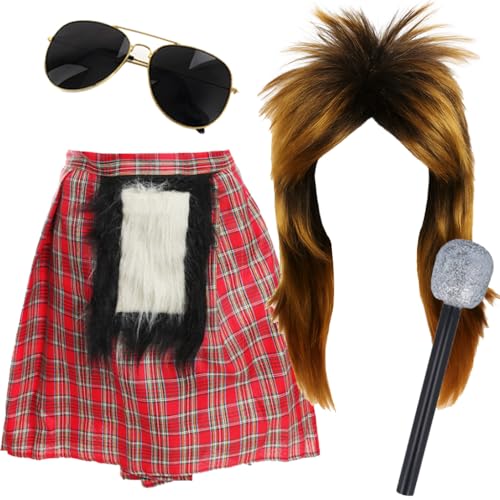 Rockstar-Zubehör-Set für Erwachsene, 70er-Jahre-Stil, roter Schottenkilt, blonde Vokuhila-Perücke, schwarze Sonnenbrille, Glitzer-Mikrofon, für Herren, Musik-Ikonen-Festival, Best of British Party Rockstar-Zubehör-Set für Erwachsene, 70er-Jahre-Stil, roter Schottenkilt, blonde Vokuhila-Perücke, schwarze Sonnenbrille, Glitzer-Mikrofon, für Herren, Musik-Ikonen-Festival, Best of British Party von I LOVE FANCY DRESS