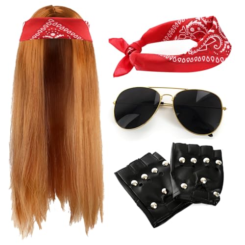 Rockstar-Zubehör-Set für Erwachsene, 80er-Jahre, lang, Ingwer-Perücke, Paisleymuster, rotes Bandana, schwarze Sonnenbrille, fingerlose Handschuhe, Rockband-Kostüm-Zubehör-Set für Herren von I LOVE FANCY DRESS