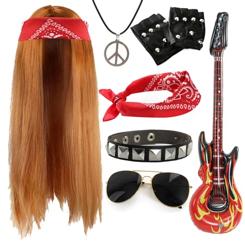 Rockstar-Zubehör-Set für Erwachsene, 80er-Jahre, lange Ingwer-Perücke, Paisleymuster, rotes Bandana, Sonnenbrille, Handschuhe, aufblasbare Gitarre, Nietenarmband, Friedenshalskette Rockstar-Zubehör-Set für Erwachsene, 80er-Jahre, lange Ingwer-Perücke, Paisleymuster, rotes Bandana, Sonnenbrille, Handschuhe, aufblasbare Gitarre, Nietenarmband, Friedenshalskette von I LOVE FANCY DRESS