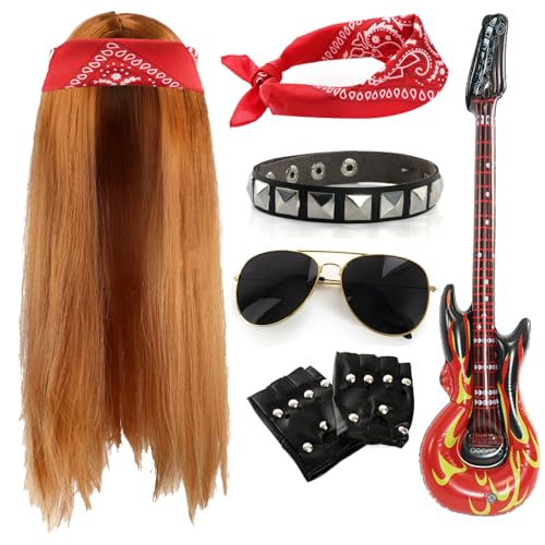 Rockstar-Zubehör-Set für Erwachsene, 80er-Jahre, lange Ingwer-Perücke, Paisleymuster, rotes Bandana, Sonnenbrille, fingerlose Handschuhe, aufblasbare Gitarre, Nietenarmband Rockstar-Zubehör-Set für Erwachsene, 80er-Jahre, lange Ingwer-Perücke, Paisleymuster, rotes Bandana, Sonnenbrille, fingerlose Handschuhe, aufblasbare Gitarre, Nietenarmband von I LOVE FANCY DRESS