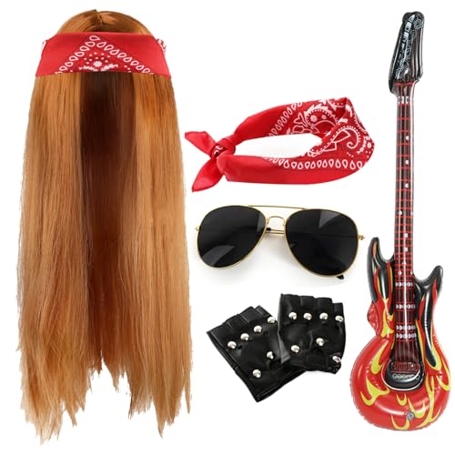 Rockstar-Zubehör-Set für Erwachsene, 80er-Jahre, lange Ingwer-Perücke, Paisleymuster, rotes Bandana, schwarze Sonnenbrille, fingerlose Handschuhe, aufblasbare Gitarre, Rockband-Kostüm-Zubehör-Set für Rockstar-Zubehör-Set für Erwachsene, 80er-Jahre, lange Ingwer-Perücke, Paisleymuster, rotes Bandana, schwarze Sonnenbrille, fingerlose Handschuhe, aufblasbare Gitarre, Rockband-Kostüm-Zubehör-Set für von I LOVE FANCY DRESS