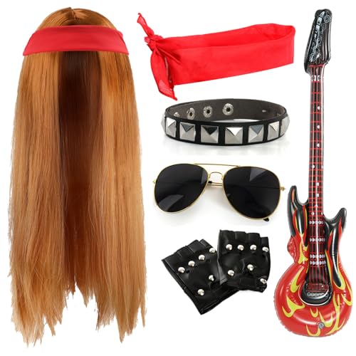 Rockstar-Zubehör-Set für Erwachsene, 80er-Jahre, lange Ingwer-Perücke, einfarbiges rotes Bandana, Sonnenbrille, fingerlose Handschuhe, aufblasbare Gitarre, Nietenarmband, Rockband-Kostüm-Zubehör-Set Rockstar-Zubehör-Set für Erwachsene, 80er-Jahre, lange Ingwer-Perücke, einfarbiges rotes Bandana, Sonnenbrille, fingerlose Handschuhe, aufblasbare Gitarre, Nietenarmband, Rockband-Kostüm-Zubehör-Set von I LOVE FANCY DRESS