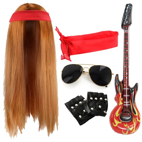 Rockstar-Zubehör-Set für Erwachsene, 80er-Jahre, lange Ingwer-Perücke, einfarbiges rotes Bandana, schwarze Sonnenbrille, fingerlose Handschuhe, aufblasbare Gitarre, Rockband-Kostüm-Zubehör-Set für Rockstar-Zubehör-Set für Erwachsene, 80er-Jahre, lange Ingwer-Perücke, einfarbiges rotes Bandana, schwarze Sonnenbrille, fingerlose Handschuhe, aufblasbare Gitarre, Rockband-Kostüm-Zubehör-Set für von I LOVE FANCY DRESS