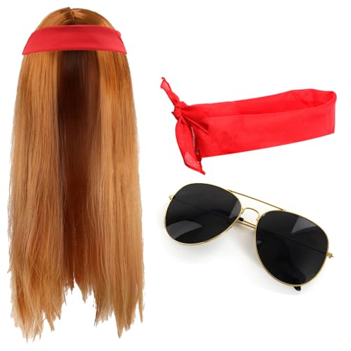Rockstar-Zubehör-Set für Erwachsene, 80er-Jahre, lange Perücke mit rotem Bandana und schwarzer Sonnenbrille, Rockband-Kostüm-Zubehör-Set für Herren im Stil der 1980er Jahre Rockstar-Zubehör-Set für Erwachsene, 80er-Jahre, lange Perücke mit rotem Bandana und schwarzer Sonnenbrille, Rockband-Kostüm-Zubehör-Set für Herren im Stil der 1980er Jahre von I LOVE FANCY DRESS