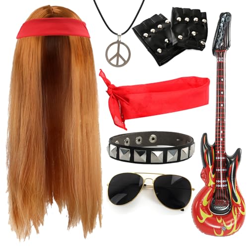 Rockstar-Zubehör-Set für Erwachsene, 80er-Jahre, lange rote Perücke, einfarbiges rotes Bandana, Sonnenbrille, Handschuhe, aufblasbare Gitarre, Nietenarmband, Friedenshalskette Rockstar-Zubehör-Set für Erwachsene, 80er-Jahre, lange rote Perücke, einfarbiges rotes Bandana, Sonnenbrille, Handschuhe, aufblasbare Gitarre, Nietenarmband, Friedenshalskette von I LOVE FANCY DRESS