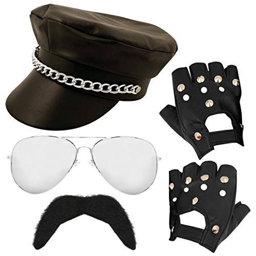 Rockstar-Zubehör für Erwachsene der 80er Jahre, schwarze Kappe, Sonnenbrille, Fingerlose Handschuhe und schwarze Schnurrbart, 1980er-Jahre Stolz Musiker, Rock-Star, Kostümzubehör-Set (Einheitsgröße) Rockstar-Zubehör für Erwachsene der 80er Jahre, schwarze Kappe, Sonnenbrille, Fingerlose Handschuhe und schwarze Schnurrbart, 1980er-Jahre Stolz Musiker, Rock-Star, Kostümzubehör-Set (Einheitsgröße) von I LOVE FANCY DRESS