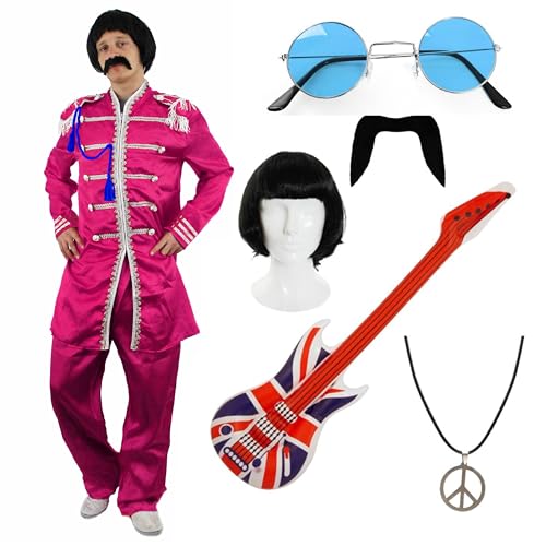 Rosa 60er Jahre Band Kostüm Set - Klein - Inklusive Jacke, Union Jack Gitarre, Perücke, Brille, Schnurrbart & Peace Halskette Rosa 60er Jahre Band Kostüm Set - Klein - Inklusive Jacke, Union Jack Gitarre, Perücke, Brille, Schnurrbart & Peace Halskette von I LOVE FANCY DRESS