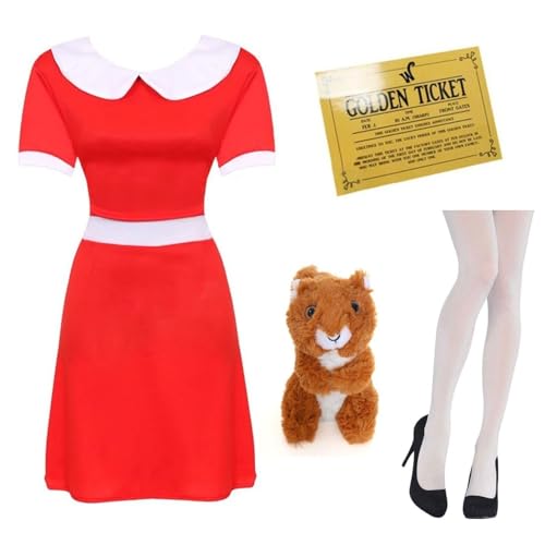 Rotes Kleid für Erwachsene mit weißem Kragen, goldenem Ticket, Plüsch-Eichhörnchen 20,3 cm und weißer Strumpfhose, klassisches Buchfiguren-Kostüm-Set für Damen, ideal für Buchwoche, Fasching von I LOVE FANCY DRESS