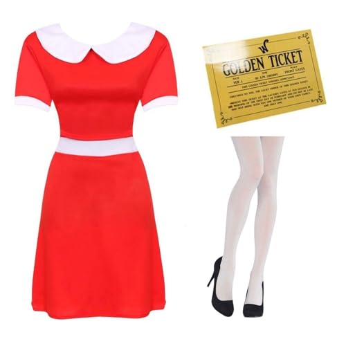 Rotes Kleid für Erwachsene mit weißem Kragen, goldenem Ticket und weißer Strumpfhose – klassisches Buchcharakter-Kostüm-Set für Damen – ideal für Buchwoche, Fasching, Halloween & Schulaufführungen von I LOVE FANCY DRESS