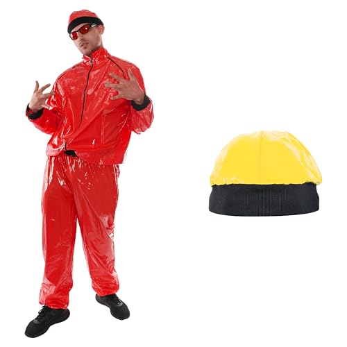 Rotes Rapper-Kostüm – Größe M – Roter & schwarzer Muschelanzug und gelber Hut – lustiges Rapper-Kostüm für Halloween, Junggesellenabschied Rotes Rapper-Kostüm – Größe M – Roter & schwarzer Muschelanzug und gelber Hut – lustiges Rapper-Kostüm für Halloween, Junggesellenabschied von I LOVE FANCY DRESS