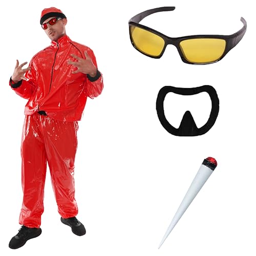 Rotes Rapper-Kostüm – Größe XL – roter und schwarzer Muschelanzug, roter Hut, gelbe Brille und schwarzer Ziegenbart – lustiges Rapper-Kostüm für Halloween, Junggesellenabschied Rotes Rapper-Kostüm – Größe XL – roter und schwarzer Muschelanzug, roter Hut, gelbe Brille und schwarzer Ziegenbart – lustiges Rapper-Kostüm für Halloween, Junggesellenabschied von I LOVE FANCY DRESS