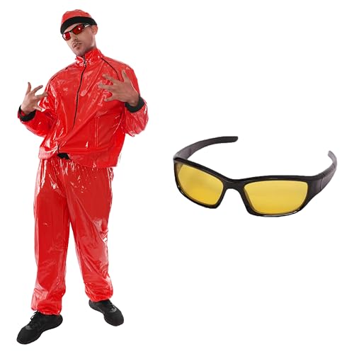 Rotes Rapper-Kostüm – Größe XL – roter und schwarzer Muschelanzug, roter Hut und gelbe Brille – lustiges Rapper-Kostüm für Halloween, Junggesellenabschied Rotes Rapper-Kostüm – Größe XL – roter und schwarzer Muschelanzug, roter Hut und gelbe Brille – lustiges Rapper-Kostüm für Halloween, Junggesellenabschied von I LOVE FANCY DRESS
