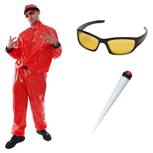 Rotes Rapper-Kostüm – Größe XXL – roter und schwarzer Muschelanzug, roter Hut, gelbe Linsenbrille und gefälschte Spliff – lustiges Rapper-Kostüm für Halloween, Junggesellenabschied von I LOVE FANCY DRESS