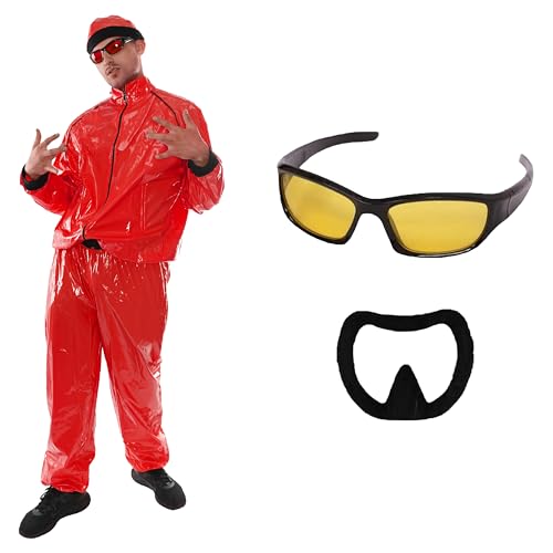 Rotes Rapper-Kostüm – groß – roter & schwarzer Muschelanzug, roter Hut, gelbe Linse Brille und schwarzer Ziegenbart – lustiges Rapper-Kostüm für Halloween, Junggesellenabschied Rotes Rapper-Kostüm – groß – roter & schwarzer Muschelanzug, roter Hut, gelbe Linse Brille und schwarzer Ziegenbart – lustiges Rapper-Kostüm für Halloween, Junggesellenabschied von I LOVE FANCY DRESS